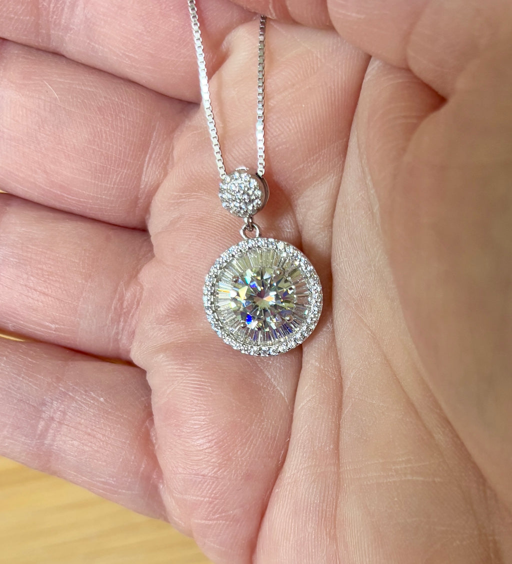 Moissanite necklace. The certified 2ct Moissanite “Sunburst” necklace with a 61 gemstone pendant plus more in the bail! Radiantly beautiful!