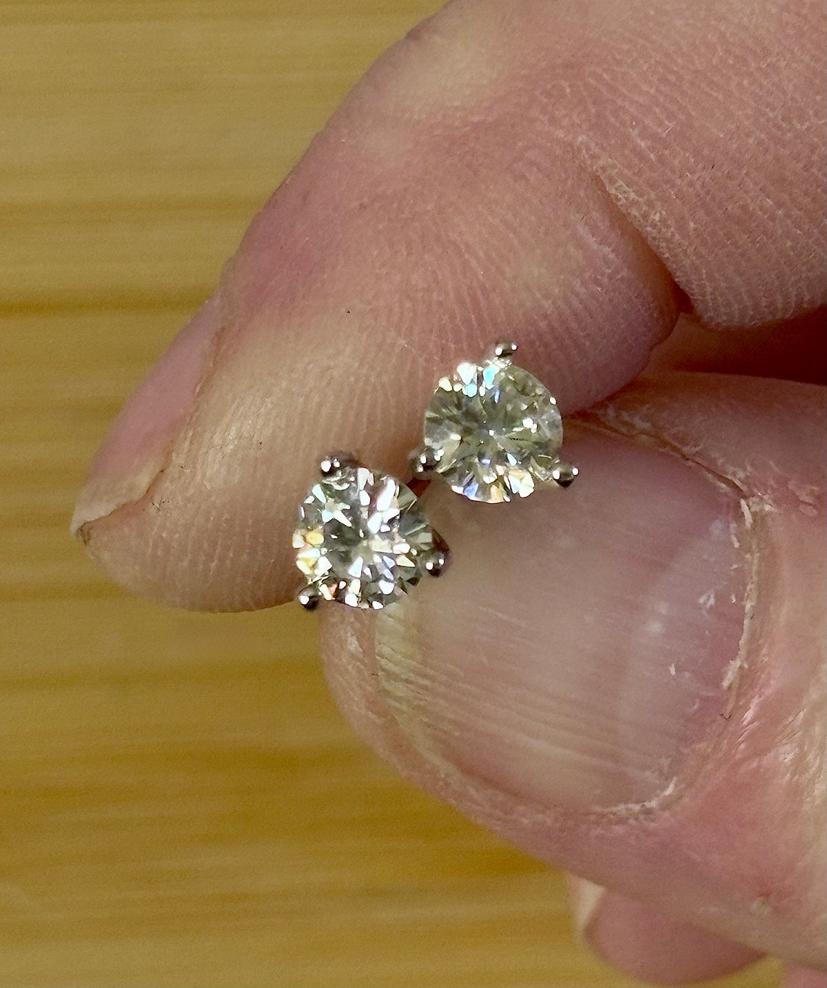 1ctw DOUBLE certified Moissanite studs, D-color and VVS1 clarity in delicate 3-claw settings! Minimalist design with substantial fire!