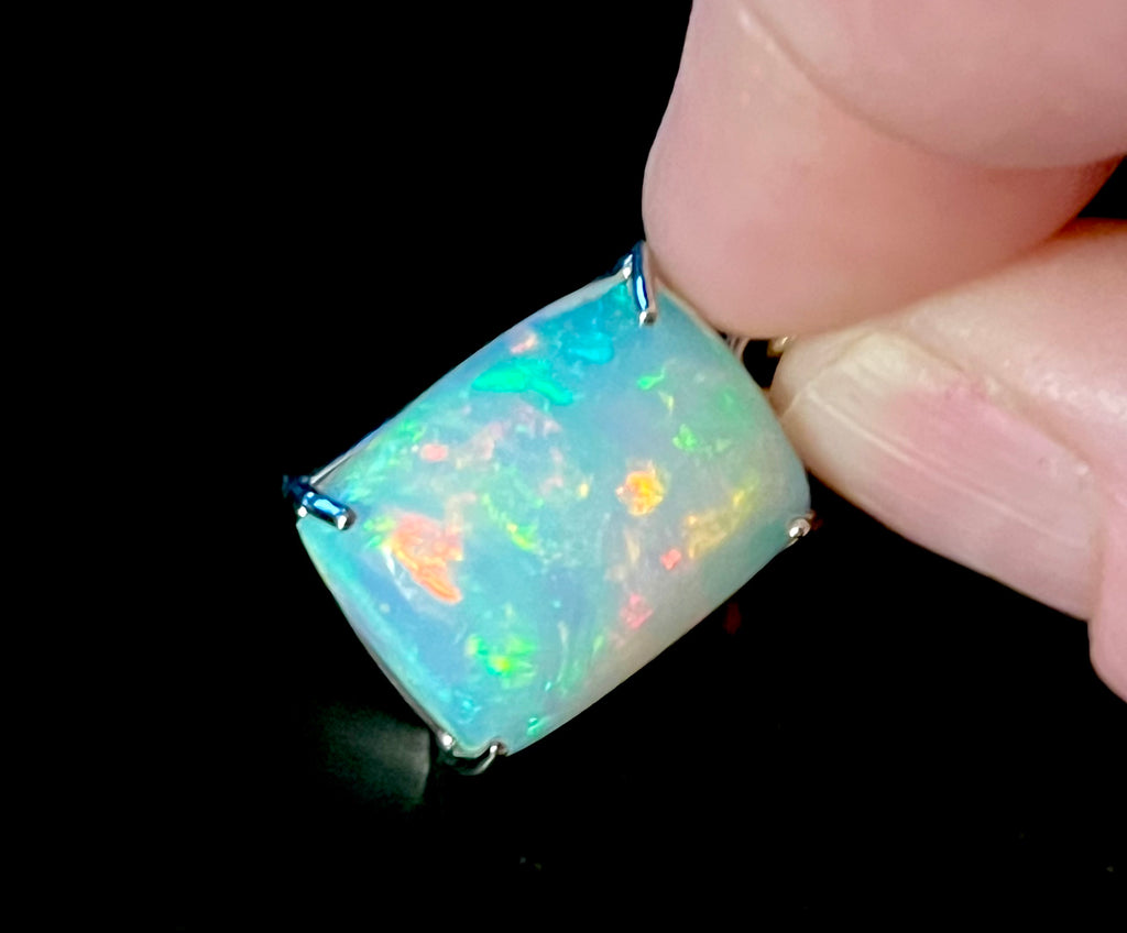 9.2ct white Ethiopian opal/Welo fire opal pendant. SPECTACULAR domed rectangular AAA opal cabochon in solid sterling silver! Stellar!
