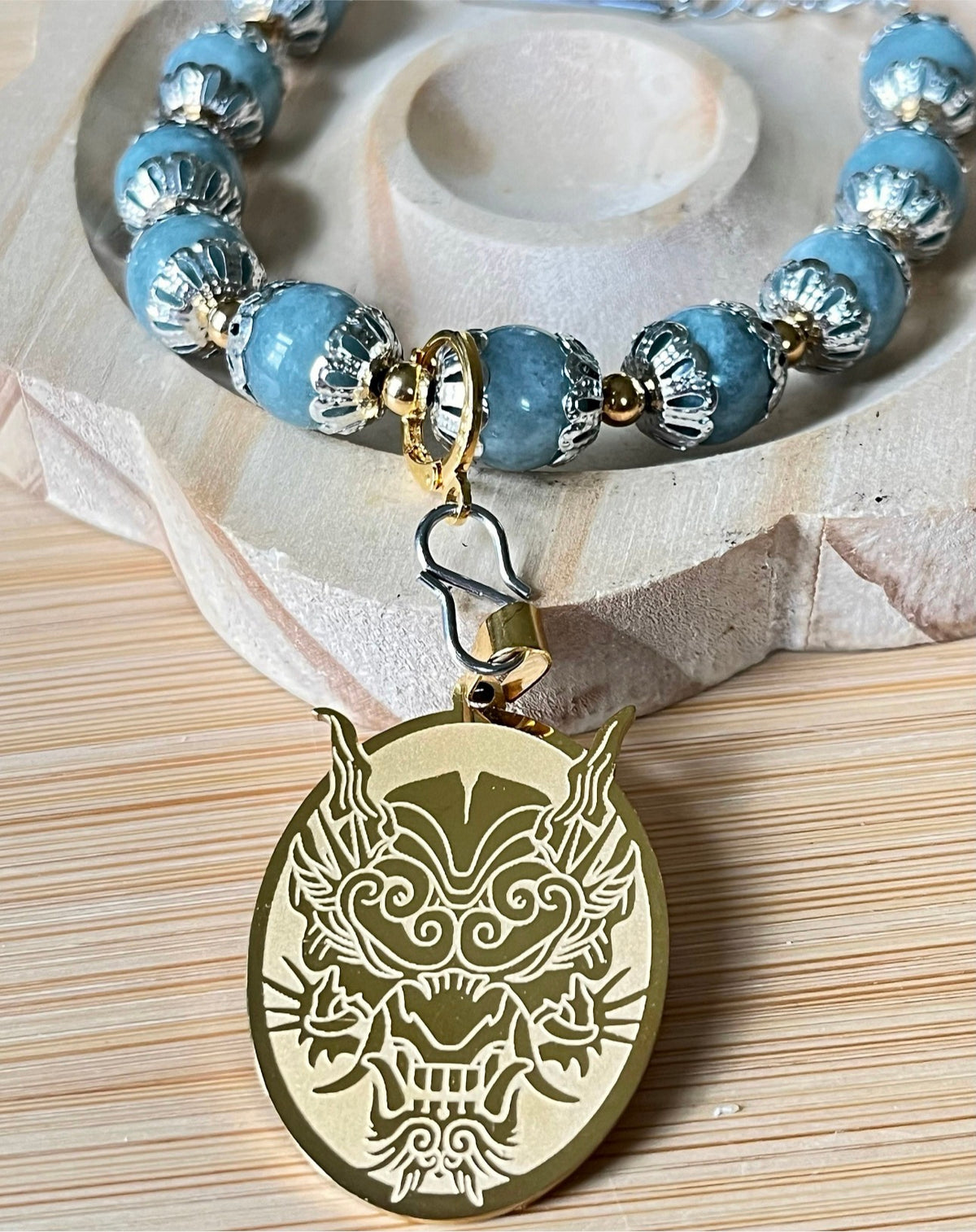 Myanmar Burma jade bracelet. “Year of the Dragon” bracelet with beautiful greenish-blue faux jade and golden or silvery stainless steel!