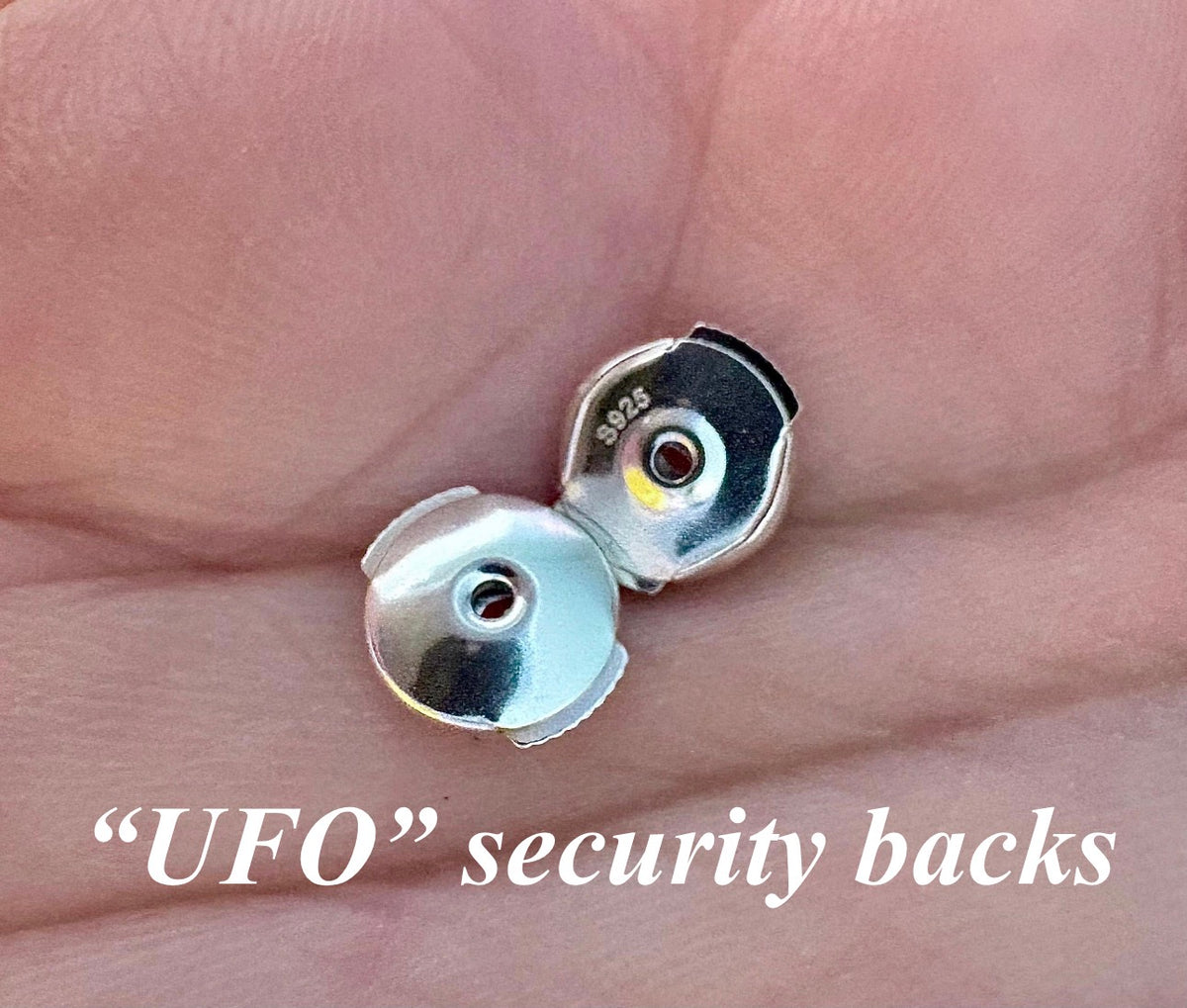 Locking earring backs (stainless steel), sterling silver replacement backs, sterling silver “UFO” security backs and silicone backs.