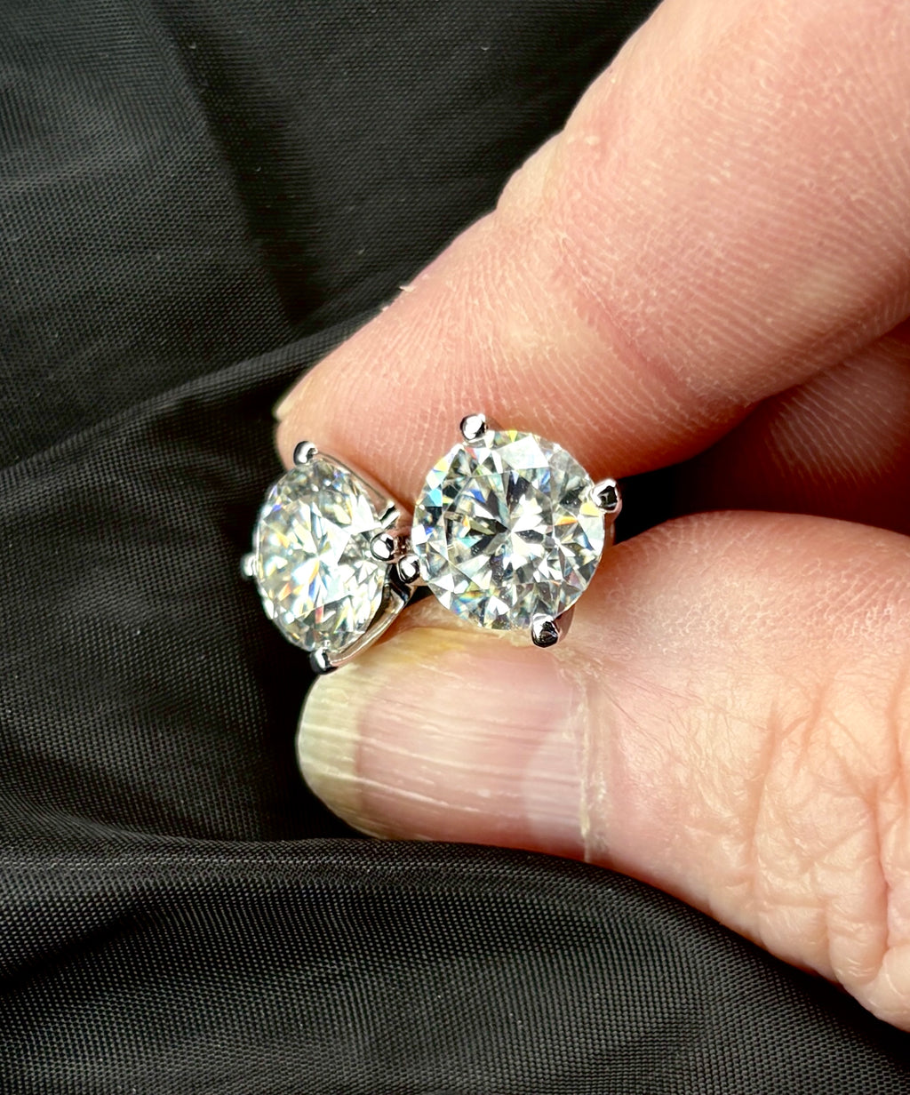 Moissanite earrings. A 6cttw certified pair of high-end boutique-quality Moissanite studs in my sturdy sterling and 18k 4-claw mountings!