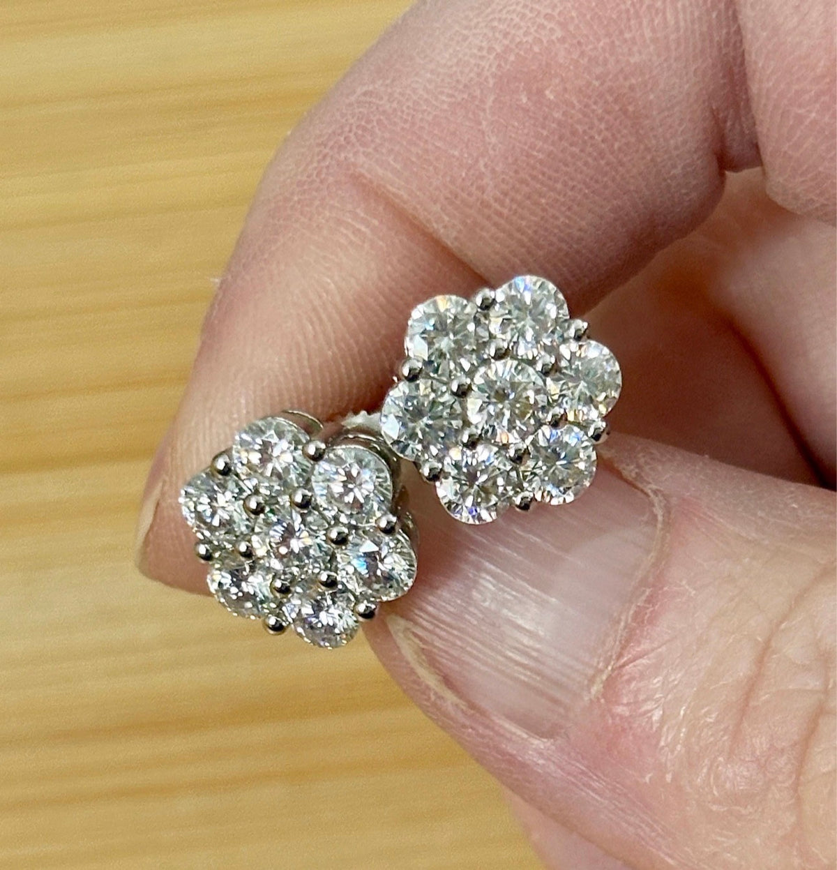 Moissanite earrings. A 4.2cttw certified pair of glamorous Moissanite cluster earrings with gorgeously bright stones and screw-on ear nuts!