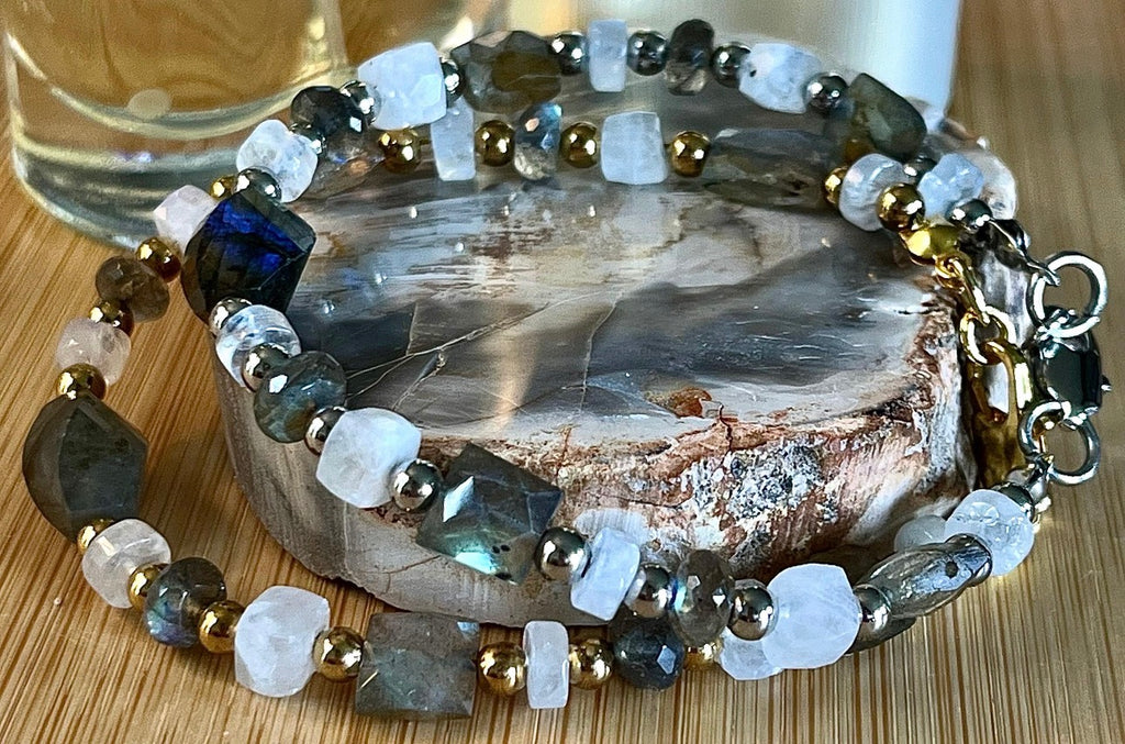 Labradorite and moonstone bracelet and/or earrings. The “Essences of Gemstones” bracelet with hand- faceted “essence” stones! This bracelet literally glows!