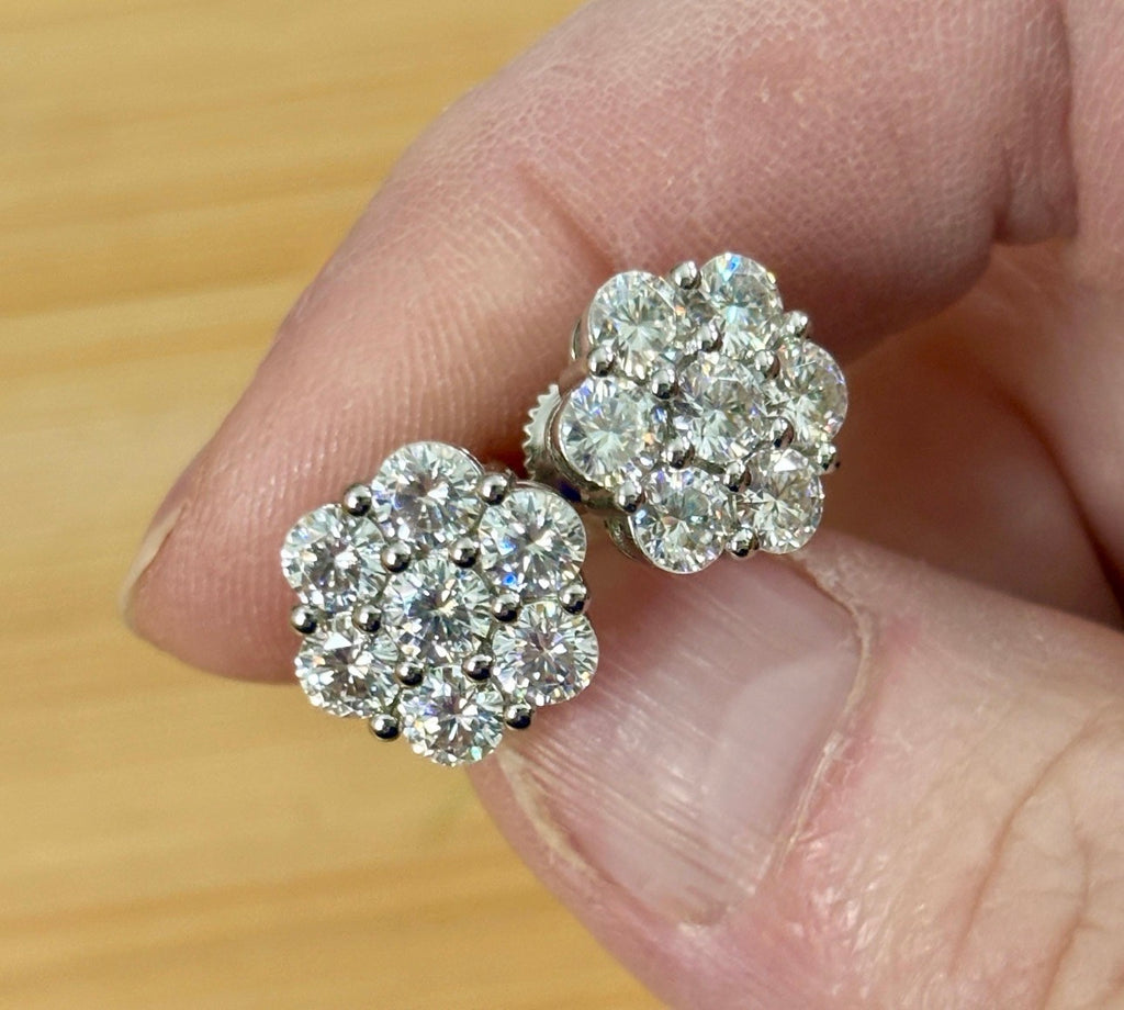 Moissanite earrings. A 4.2cttw certified pair of glamorous Moissanite cluster earrings with gorgeously bright stones and screw-on ear nuts!