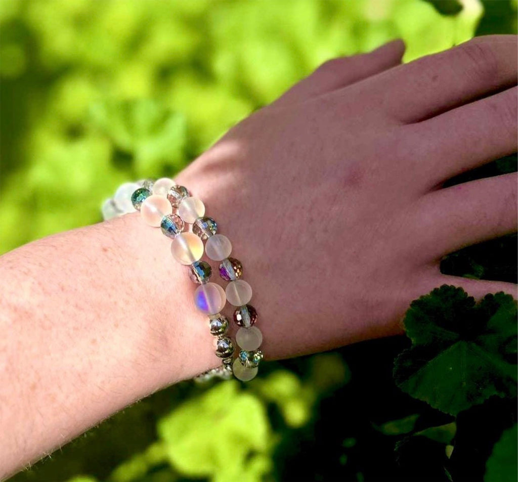 Austrian crystal bracelet with your choice of 6mm or 10mm frosted crystal beads, with golden or silvery stainless steel hardware.