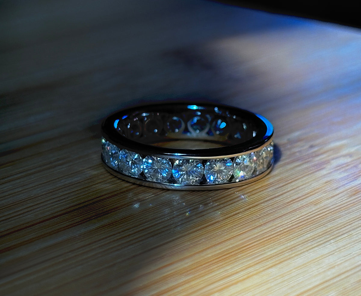 Moissanite ring. A 5.10cttw or 4.8cttw (depending on size) Moissanite eternity ring. A channel-set, classy and classic design - beautiful!