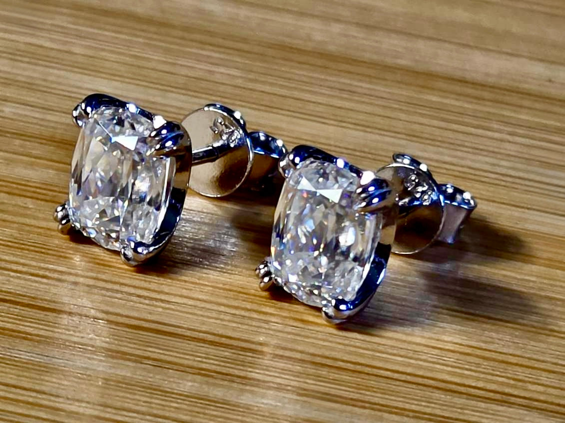 6ctw Ashoka-cut Moissanites in Argentium silver, hand-cut by a Master lapidary! These studs are the highest of the high end!
