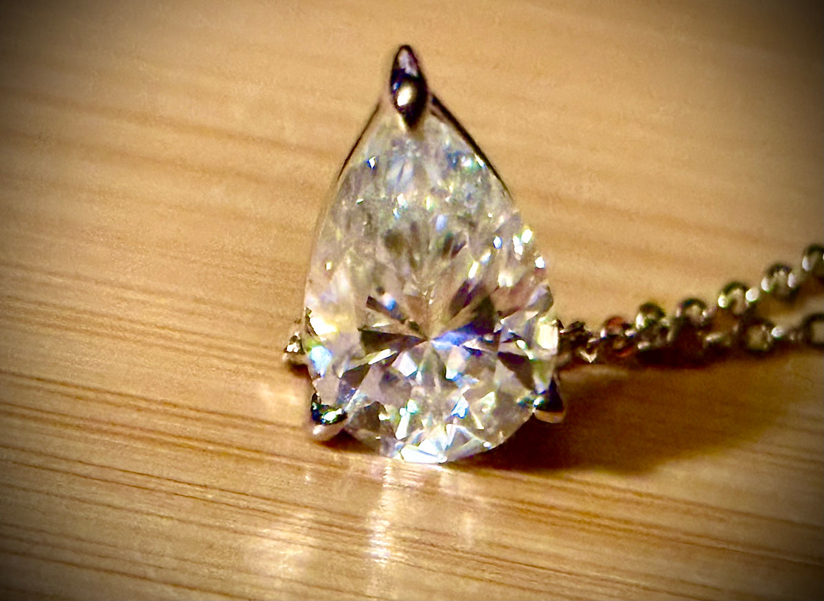 Moissanite necklace. A GORGEOUS certified 4ct pear-cut Moissanite pendant in sterling and 18k white gold on a nice 22” cable link chain!