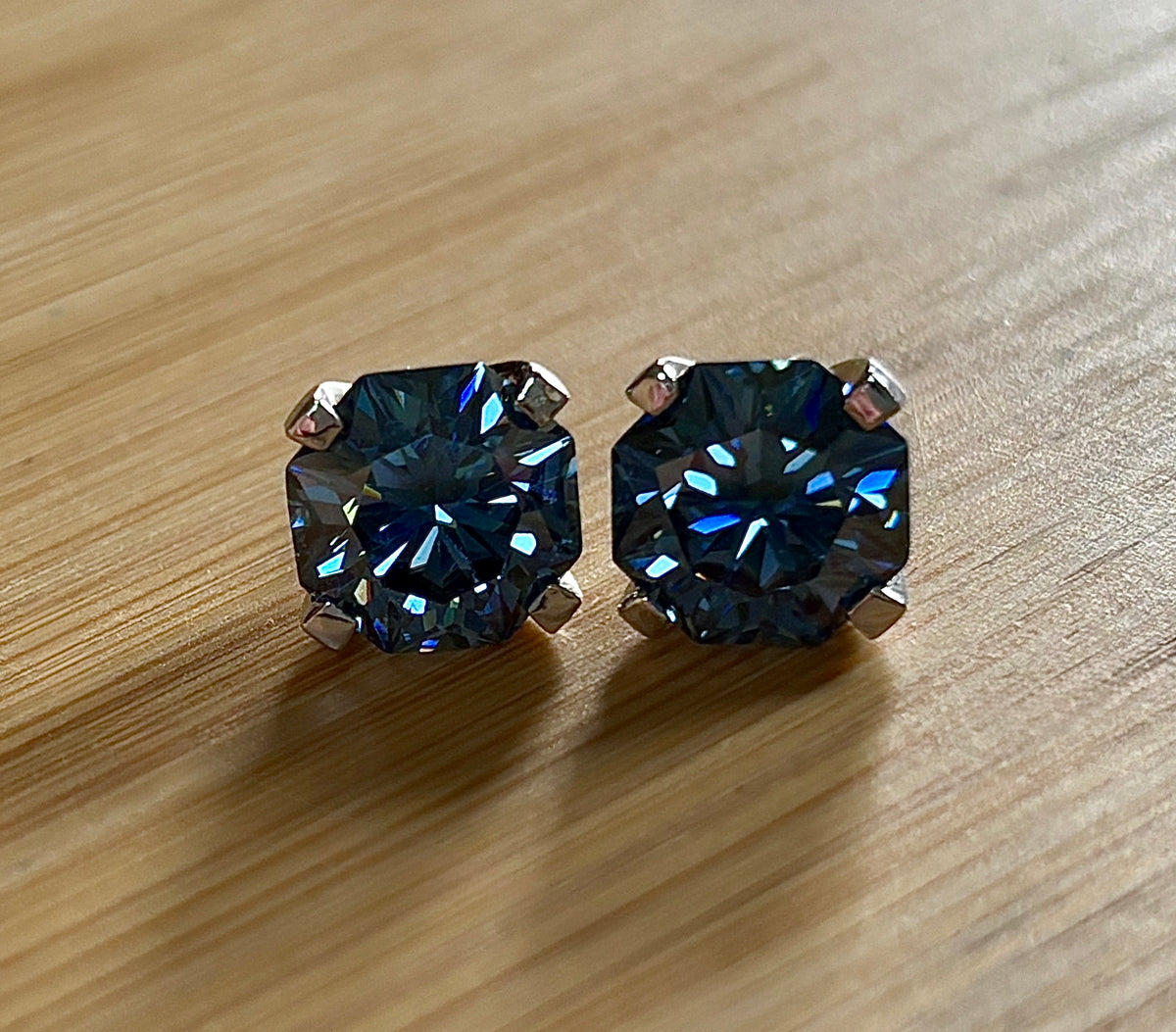 A *PHENOMENAL* 2.9ctw or 6ctw DOUBLE certified pair of octagonal-cut, star-faceted, royal blue Moissanite studs in 935 Argentium silver!