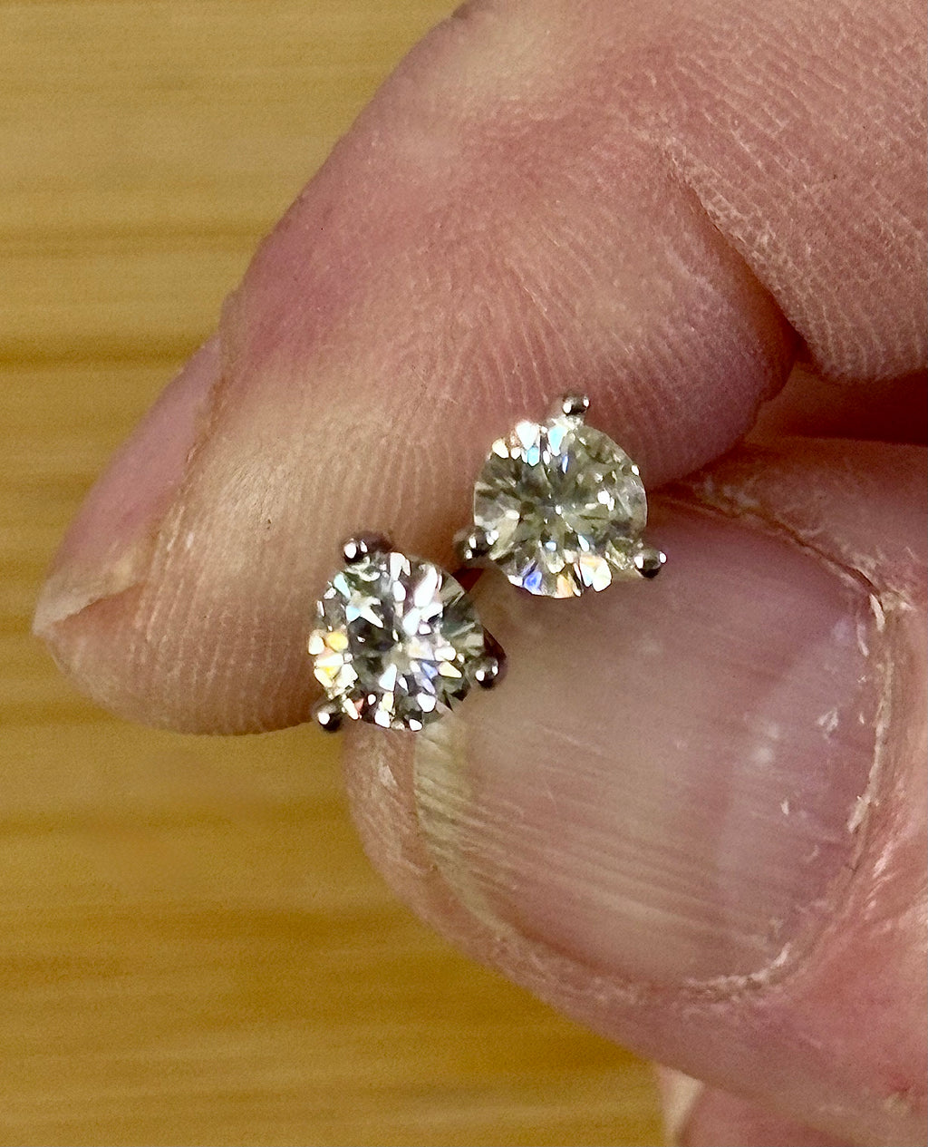 1ctw DOUBLE certified Moissanite studs, D-color and VVS1 clarity in delicate 3-claw settings! Minimalist design with substantial fire!