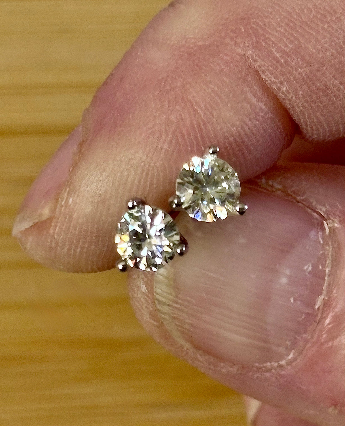 1ctw DOUBLE certified Moissanite studs, D-color and VVS1 clarity in delicate 3-claw settings! Minimalist design with substantial fire!