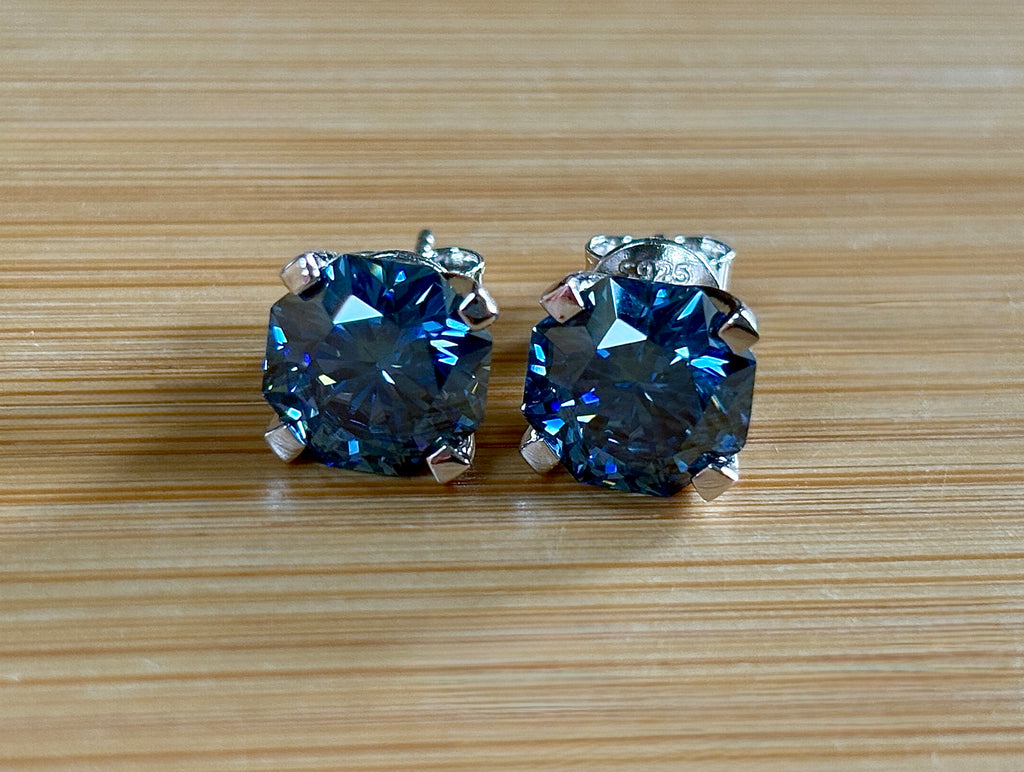 A *PHENOMENAL* 2.4cttw or 6cttw DOUBLE certified pair of octagonal-cut, star-faceted, royal blue Moissanite studs in 935 Argentium silver!