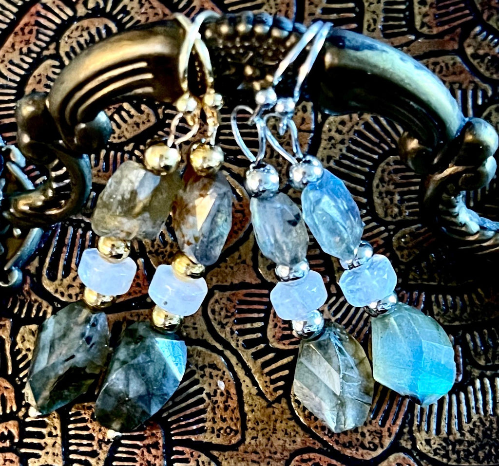 Labradorite and moonstone bracelet and/or earrings. The “Essences of Gemstones” bracelet with hand- faceted “essence” stones! This bracelet literally glows!