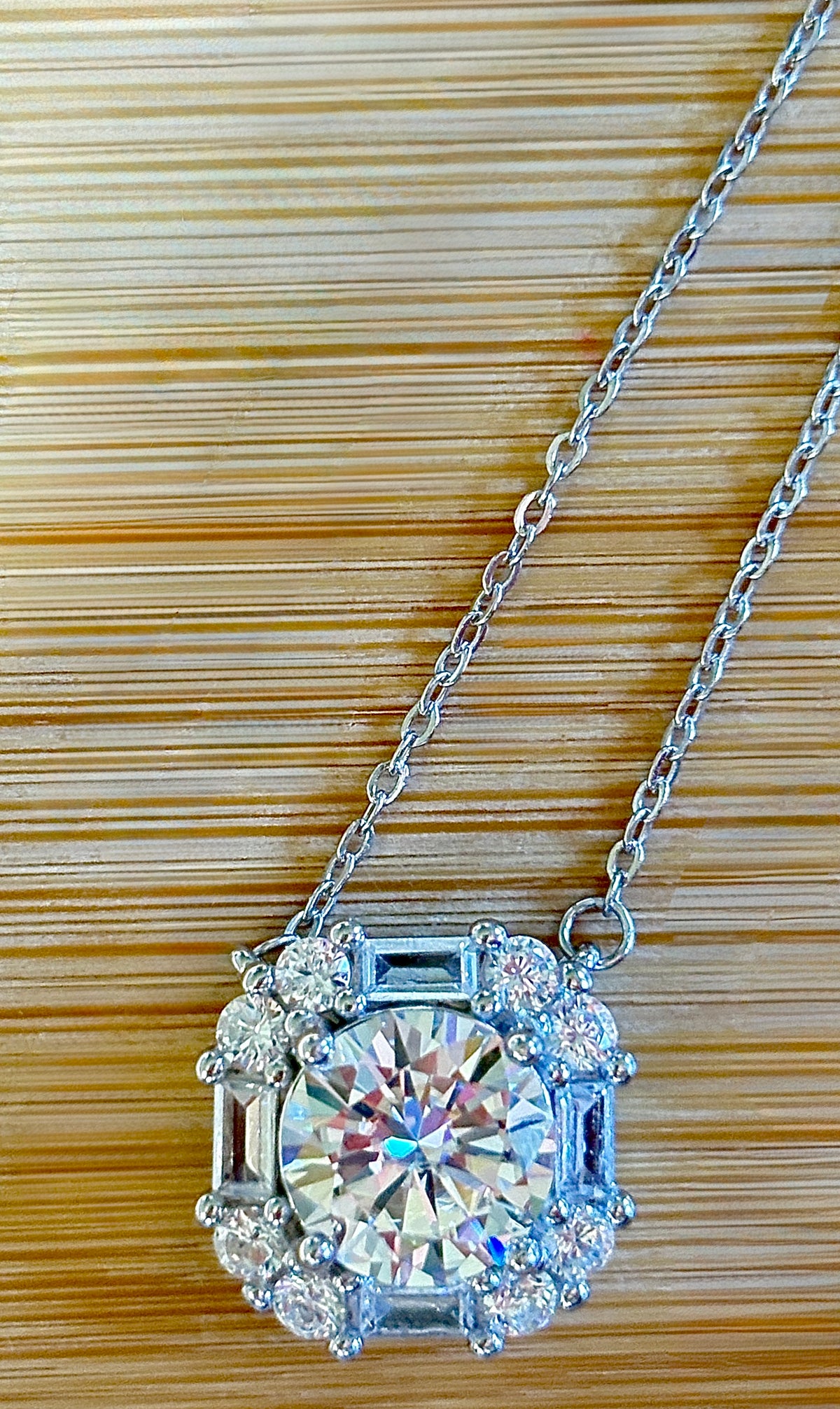 Moissanite necklace. A FIERY certified 3ct “8 hearts, 8 arrows” Moissanite in a super flashy geometric zircon halo, for a 4cttw necklace!