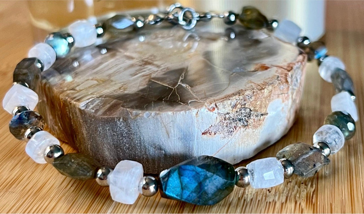 Labradorite and moonstone bracelet and/or earrings. The “Essences of Gemstones” bracelet with hand- faceted “essence” stones! This bracelet literally glows!