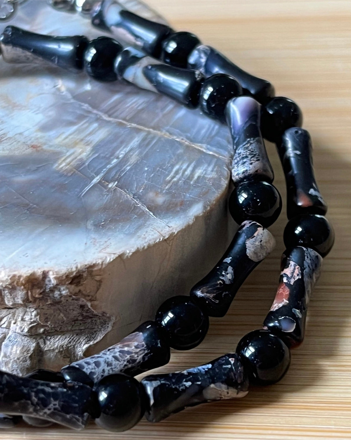 Sea sediment jasper and black onyx bracelet. The “Sticks & Stones” bracelet with your choice of golden or silvery stainless steel!