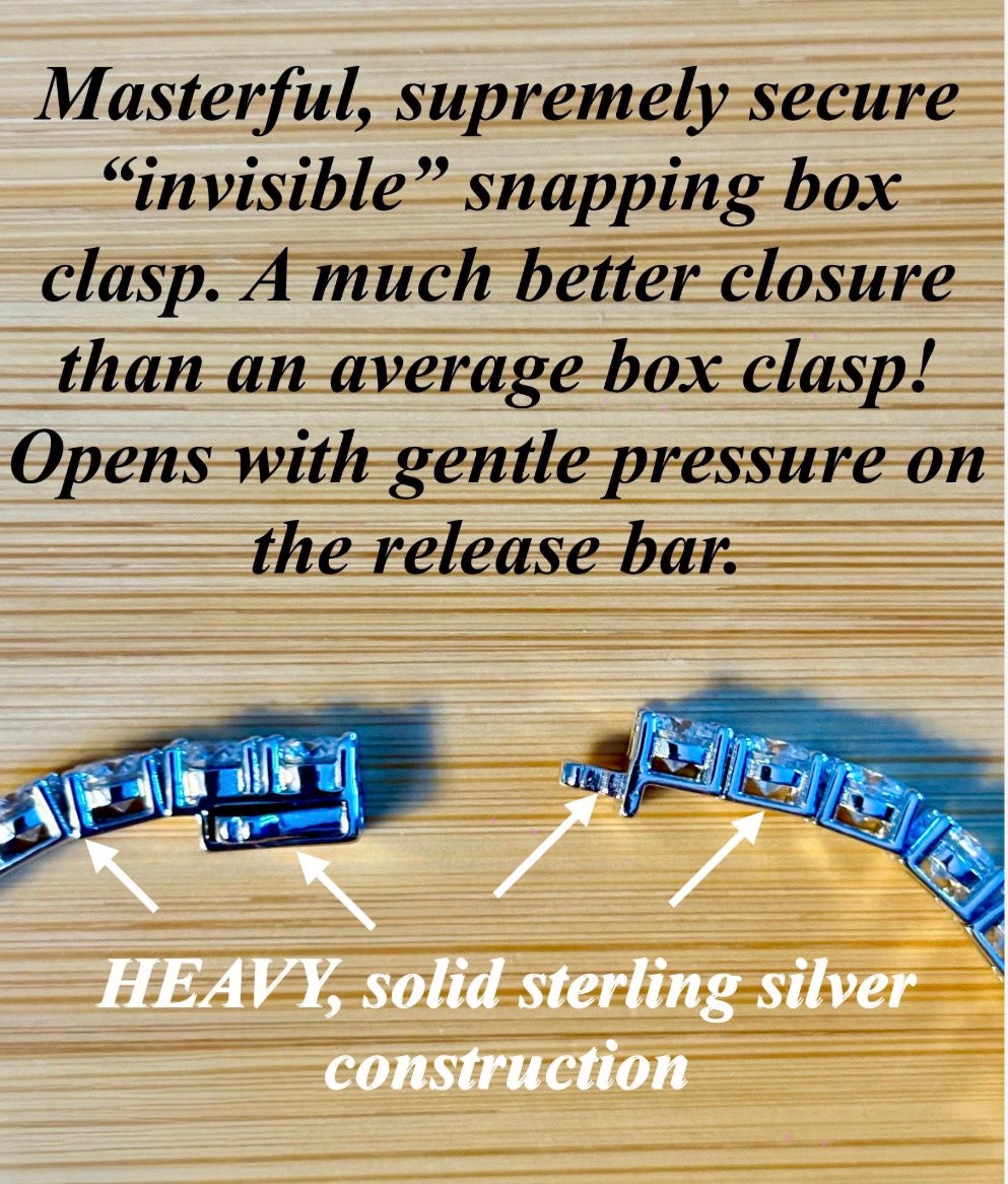 The certified “Ultimate Moissanite Tennis Bracelet” with masterful construction and “invisible” clasp in Argentium OR sterling silver!