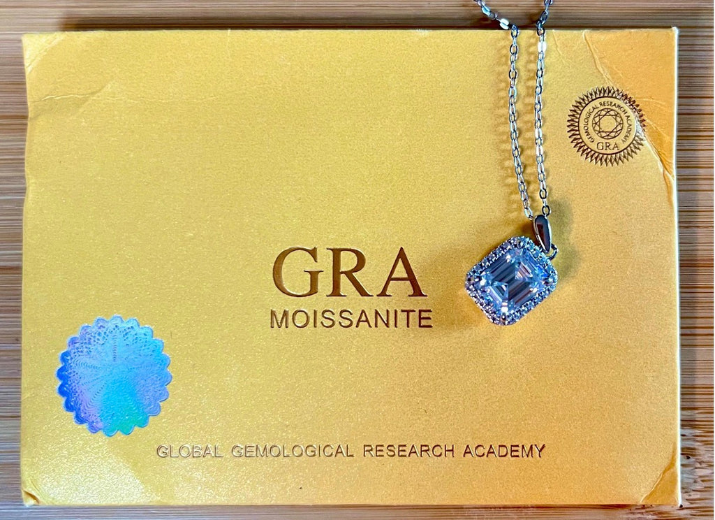 Moissanite necklace. An elegant 3ct certified emerald-cut Moissanite within a halo of shining white zircons, in 18k gold-embraced sterling!