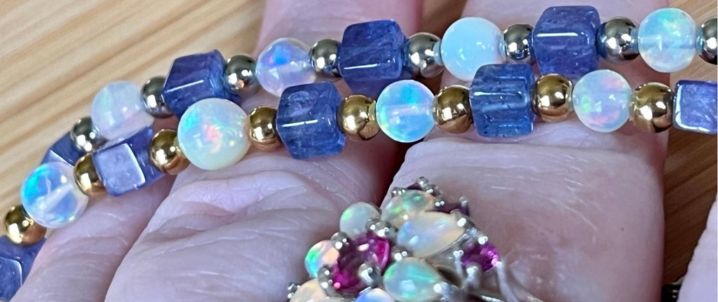 Ethiopian opal and tanzanite bracelet. AAA-grade Ethiopian opals + gorgeous tanzanite cubes = utter opulence! Nature’s gemstone perfection!