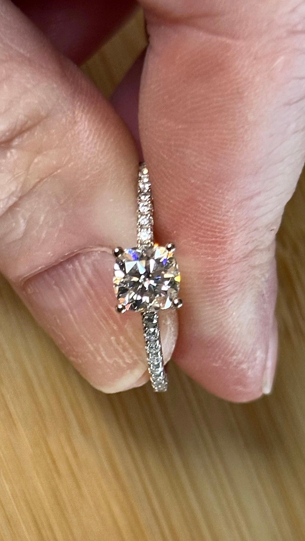 Moissanite solitaire. A certified 1ct cushion-cut Moissanite with pavé-set zircons in 925 sterling OR pavé-set Moissanites in 935 Argentium!
