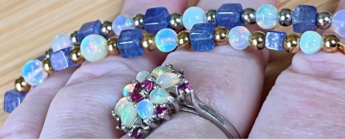 Ethiopian opal and tanzanite bracelet. AAA-grade Ethiopian opals + gorgeous tanzanite cubes = utter opulence! Nature’s gemstone perfection!