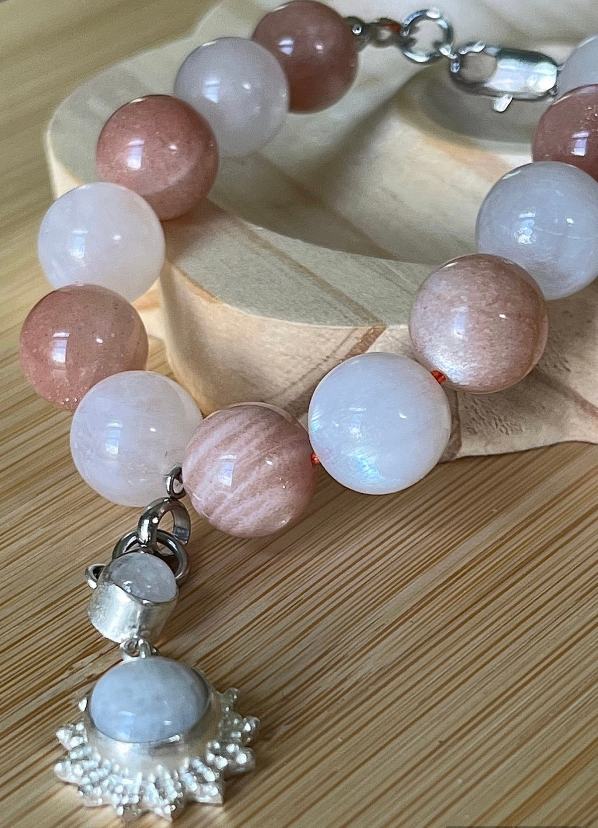 Rainbow moonstone and peach moonstone bracelet, high quality 12mm moonstones and OPTIONAL solid sterling silver moonstone pendant!