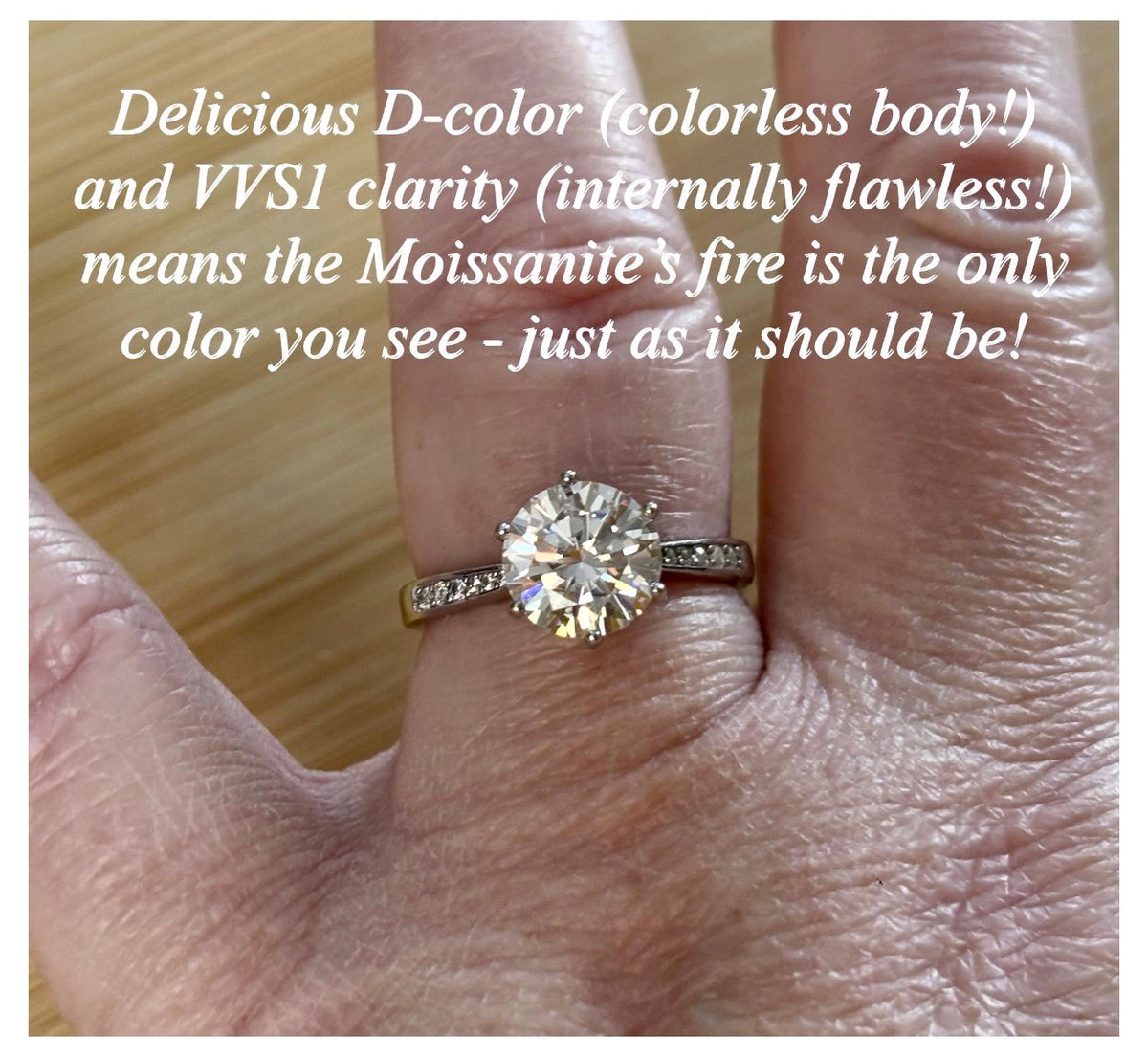 Moissanite ring. A delicious 3ct certified Moissanite solitaire with tapered shoulders and pavé-set white zircons in sterling and 18k gold!