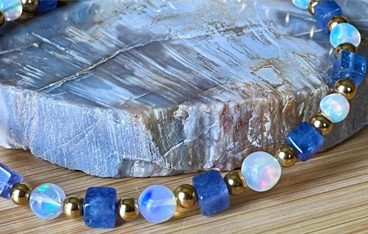 Ethiopian opal and tanzanite bracelet. AAA-grade Ethiopian opals + gorgeous tanzanite cubes = utter opulence! Nature’s gemstone perfection!