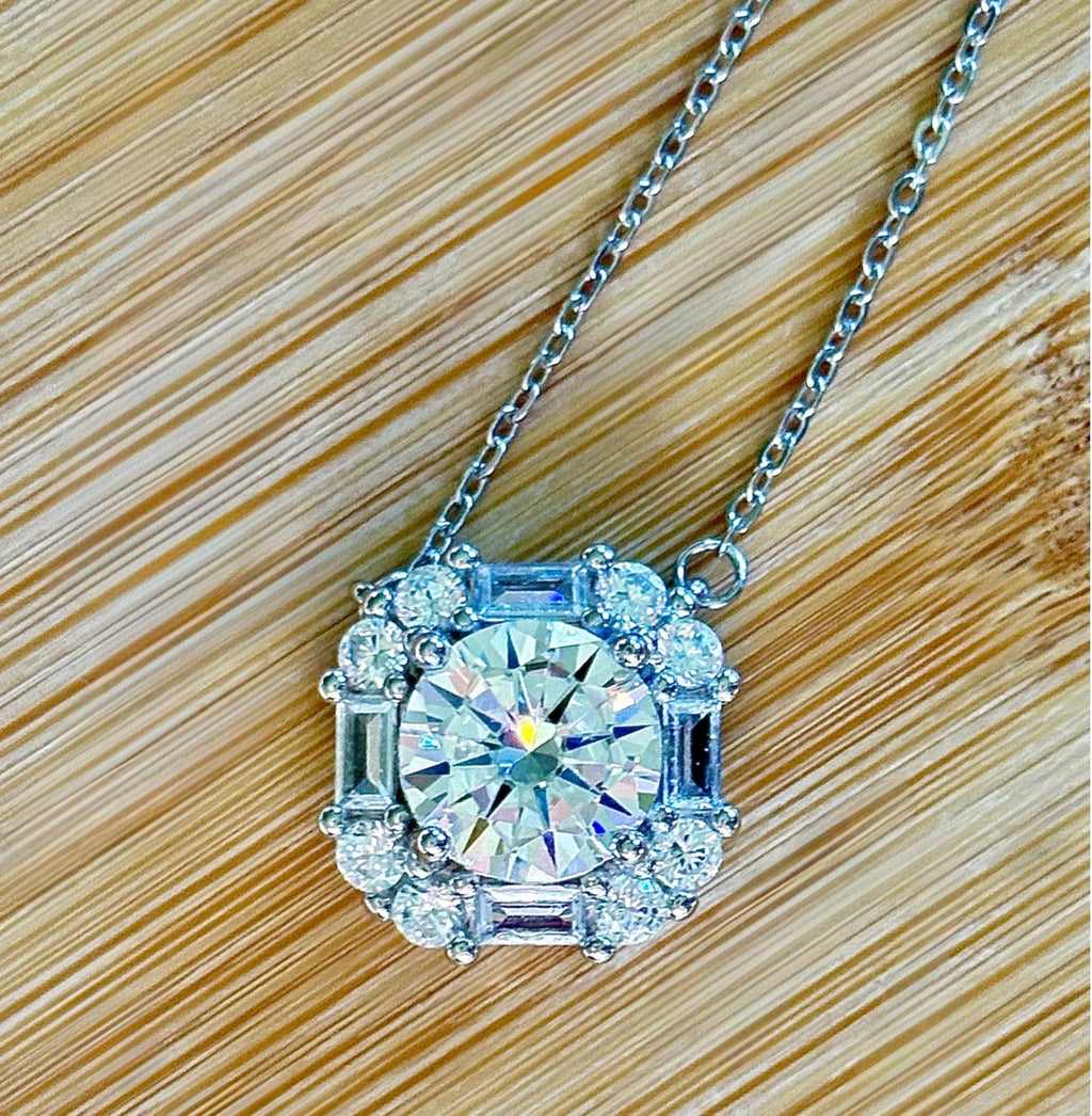 Moissanite necklace. A FIERY certified 3ct “8 hearts, 8 arrows” Moissanite in a super flashy geometric zircon halo, for a 4cttw necklace!