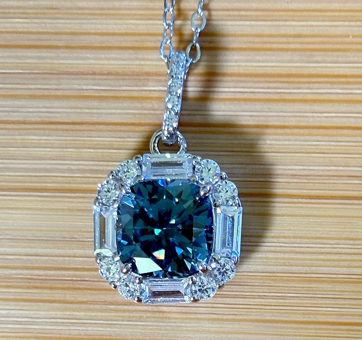 Moissanite necklace. A certified 2.5ct white, deep blue or purple cushion-cut Moissanite in a 1.5ctw multi-cut zircon halo, a 4ctw pendant that’s eye-catching and super flashy!