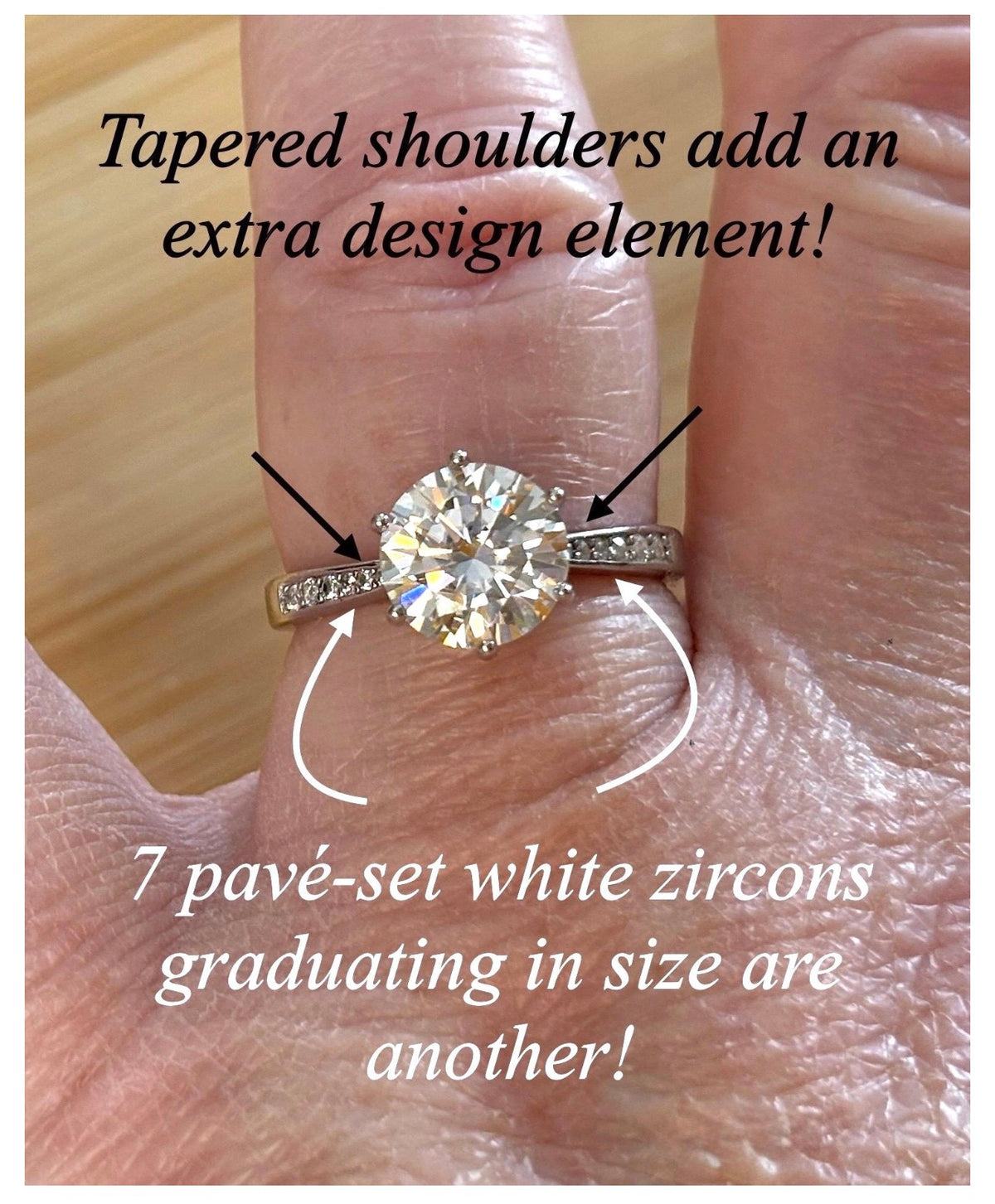 Moissanite ring. A delicious 3ct certified Moissanite solitaire with tapered shoulders and pavé-set white zircons in sterling and 18k gold!