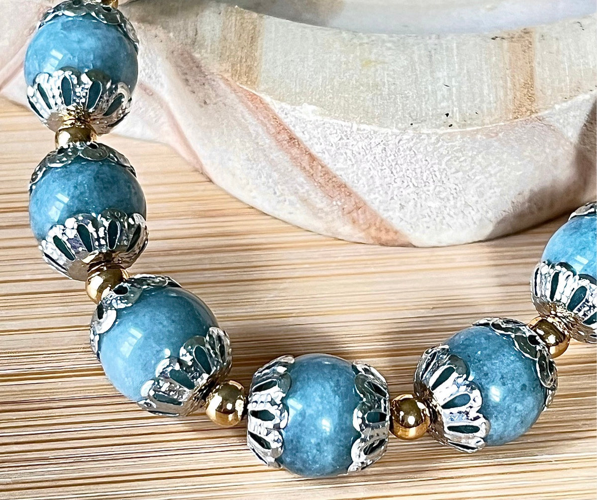 Myanmar Burma jade bracelet. “Year of the Dragon” bracelet with beautiful greenish-blue faux jade and golden or silvery stainless steel!