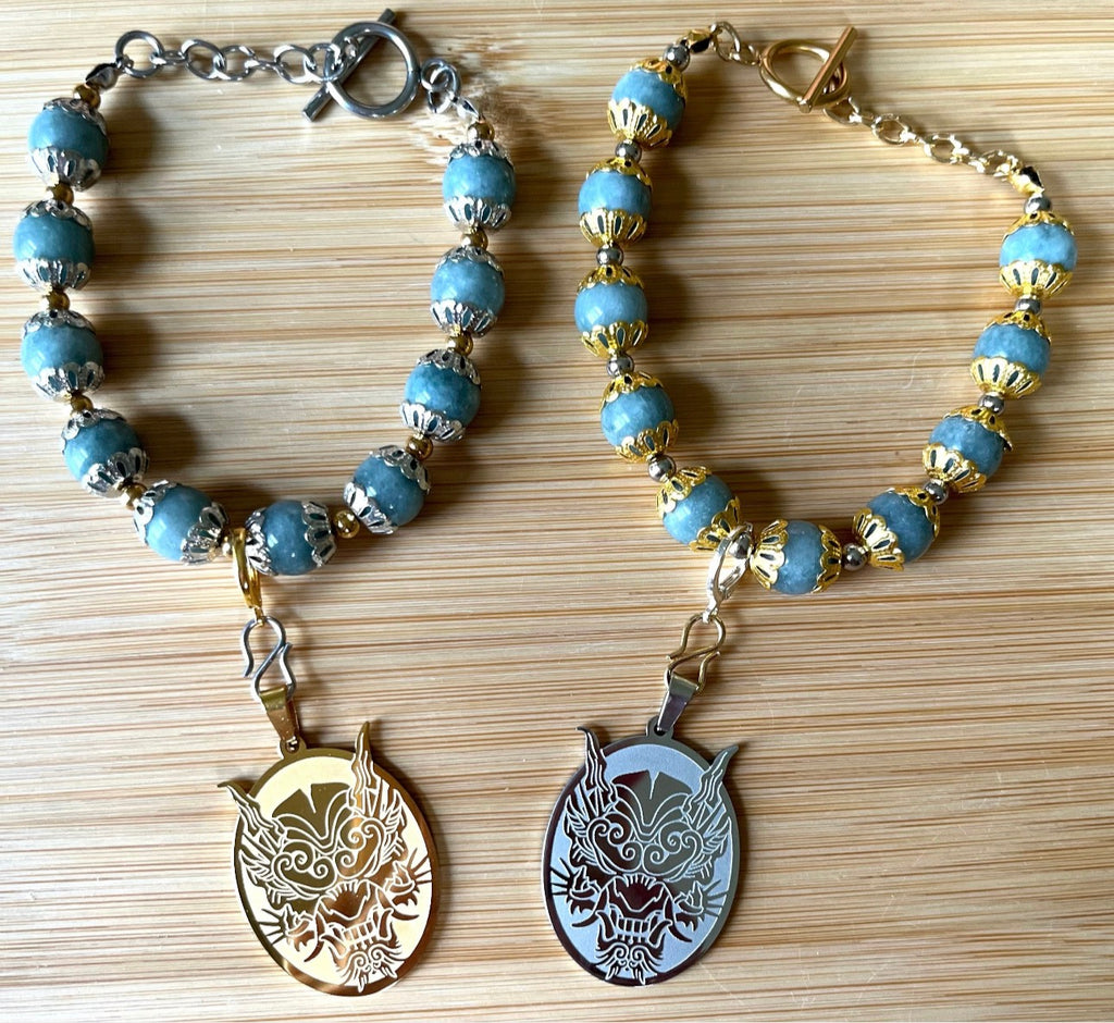 Myanmar Burma jade bracelet. “Year of the Dragon” bracelet with beautiful greenish-blue faux jade and golden or silvery stainless steel!