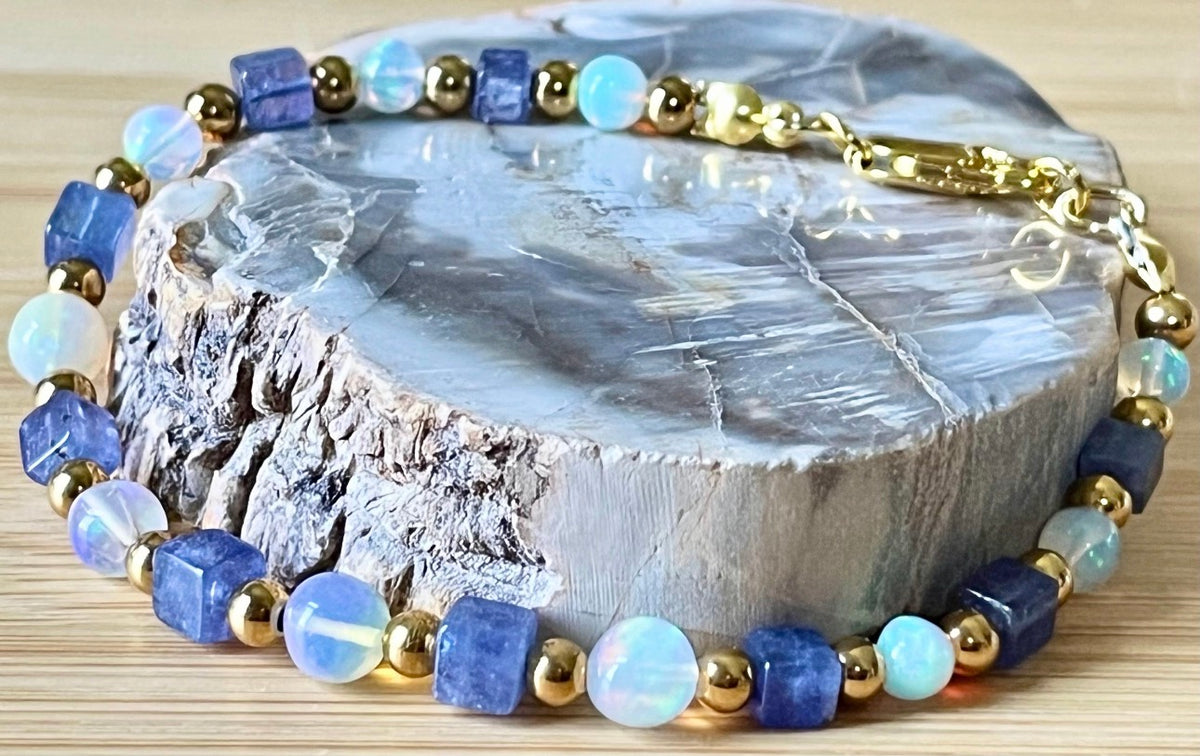 Ethiopian opal and tanzanite bracelet. AAA-grade Ethiopian opals + gorgeous tanzanite cubes = utter opulence! Nature’s gemstone perfection!