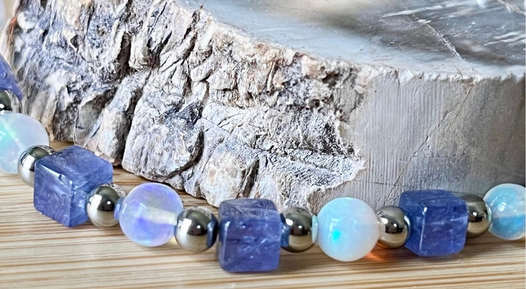 Ethiopian opal and tanzanite bracelet. AAA-grade Ethiopian opals + gorgeous tanzanite cubes = utter opulence! Nature’s gemstone perfection!