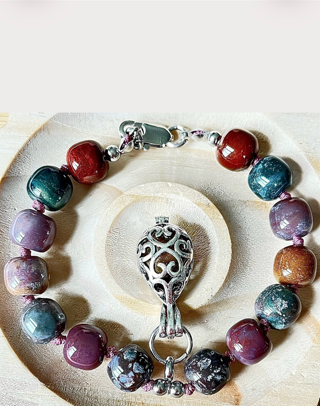 Ocean agate bracelet, hand knotted or straight-strung in your choice of design and with stainless steel bracelet hardware!