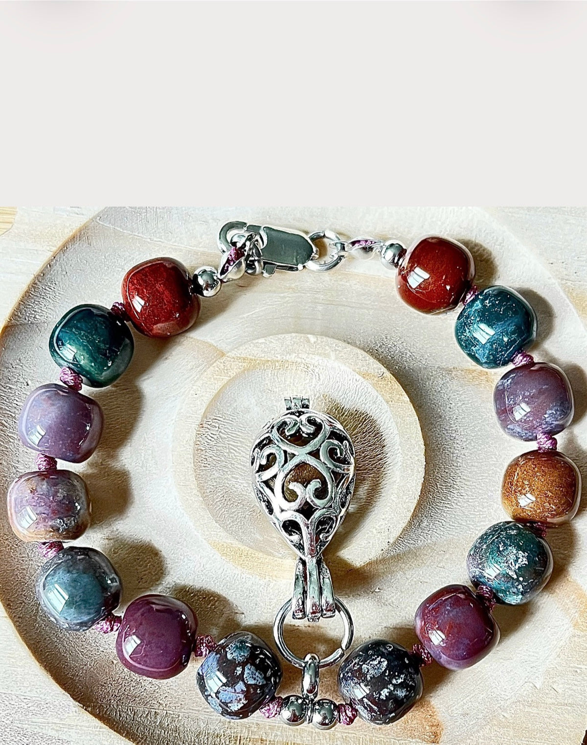 Ocean agate bracelet, hand knotted or straight-strung in your choice of design and with stainless steel bracelet hardware!