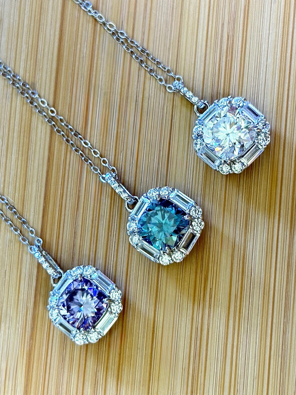 Moissanite necklace. A certified 2.5ct white, deep blue or purple cushion-cut Moissanite in a 1.5ctw multi-cut zircon halo, a 4ctw pendant that’s eye-catching and super flashy!