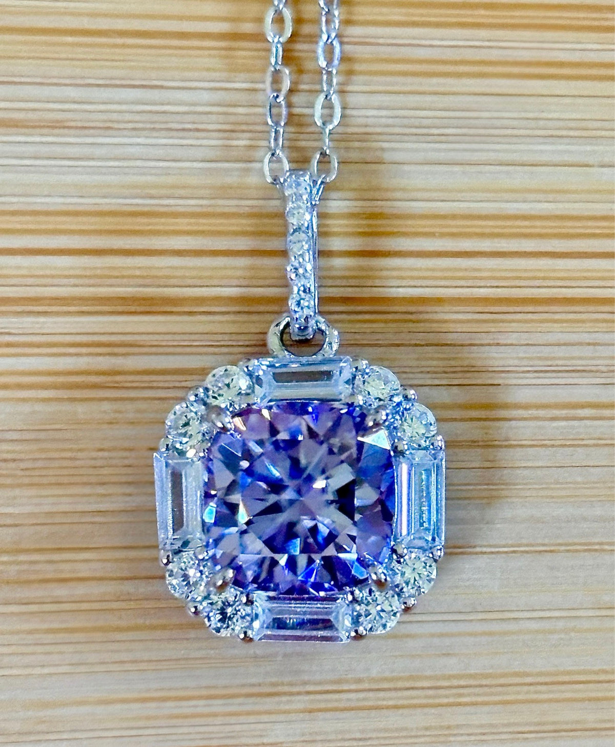 Moissanite necklace. A certified 2.5ct white, deep blue or purple cushion-cut Moissanite in a 1.5ctw multi-cut zircon halo, a 4ctw pendant that’s eye-catching and super flashy!