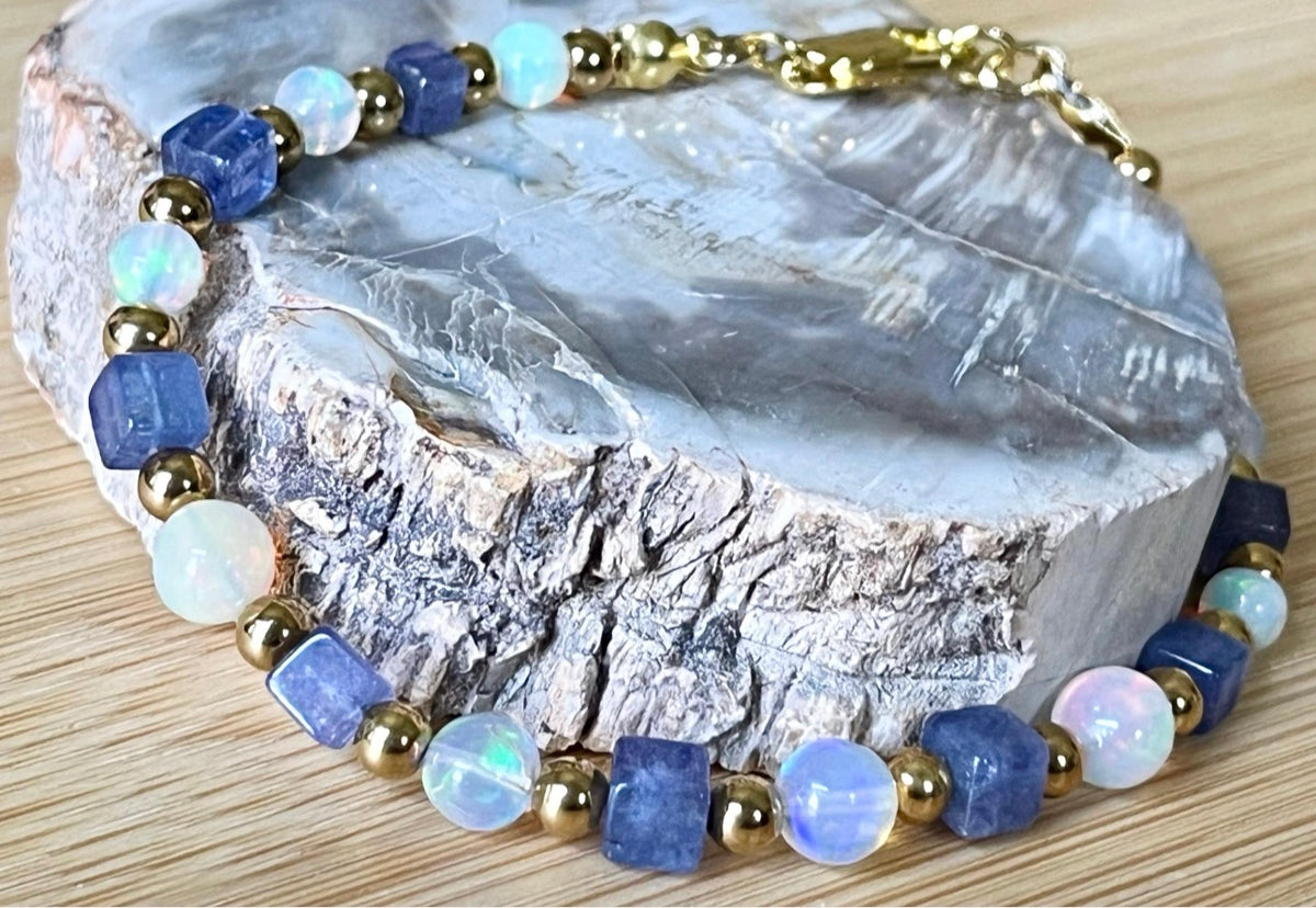 Ethiopian opal and tanzanite bracelet. AAA-grade Ethiopian opals + gorgeous tanzanite cubes = utter opulence! Nature’s gemstone perfection!