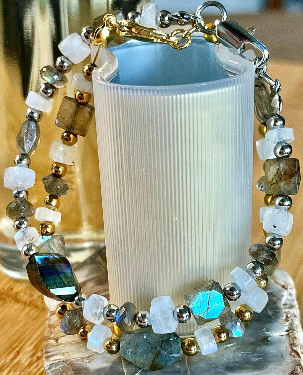 Labradorite and moonstone bracelet and/or earrings. The “Essences of Gemstones” bracelet with hand- faceted “essence” stones! This bracelet literally glows!