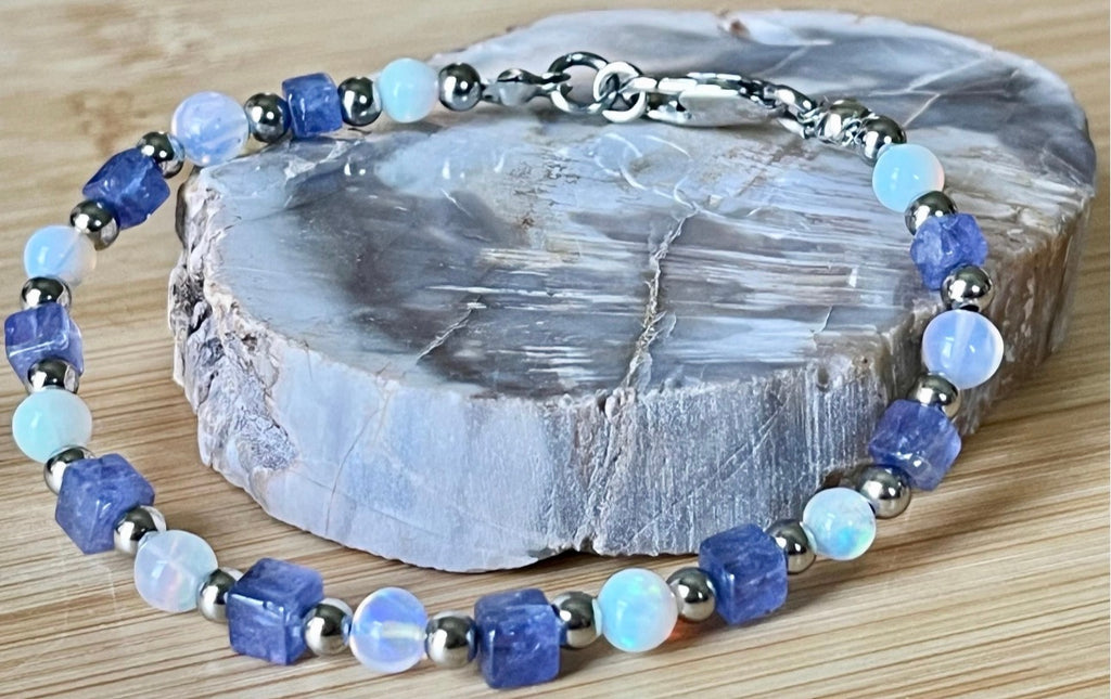 Ethiopian opal and tanzanite bracelet. AAA-grade Ethiopian opals + gorgeous tanzanite cubes = utter opulence! Nature’s gemstone perfection!
