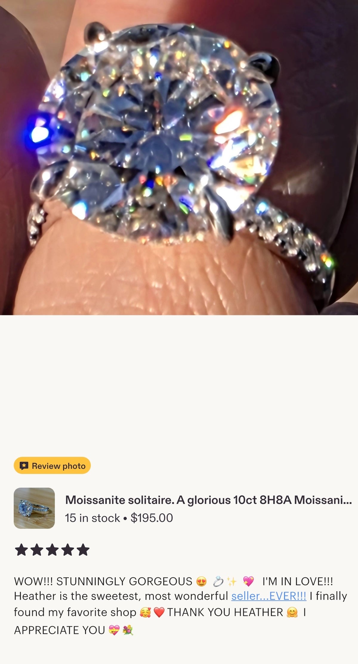 Moissanite solitaire. A glorious 10ct 8H8A Moissanite in a 4-prong mounting with a Moissanite “hidden halo” and shoulders, an 11.3cttw ring!