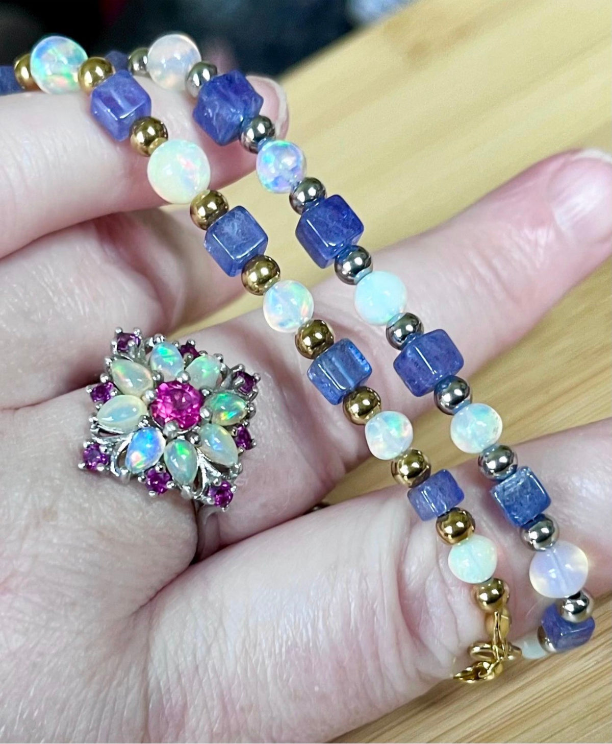 Ethiopian opal and tanzanite bracelet. AAA-grade Ethiopian opals + gorgeous tanzanite cubes = utter opulence! Nature’s gemstone perfection!