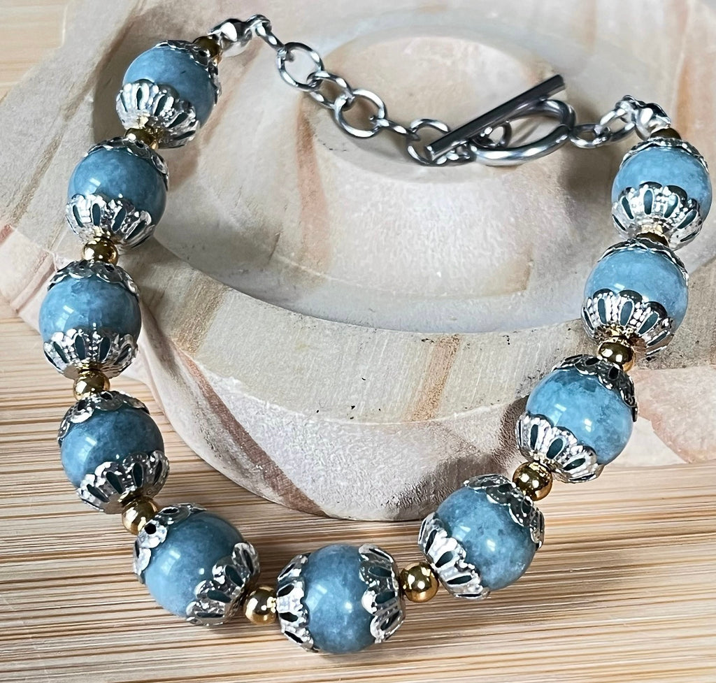 Myanmar Burma jade bracelet. “Year of the Dragon” bracelet with beautiful greenish-blue faux jade and golden or silvery stainless steel!