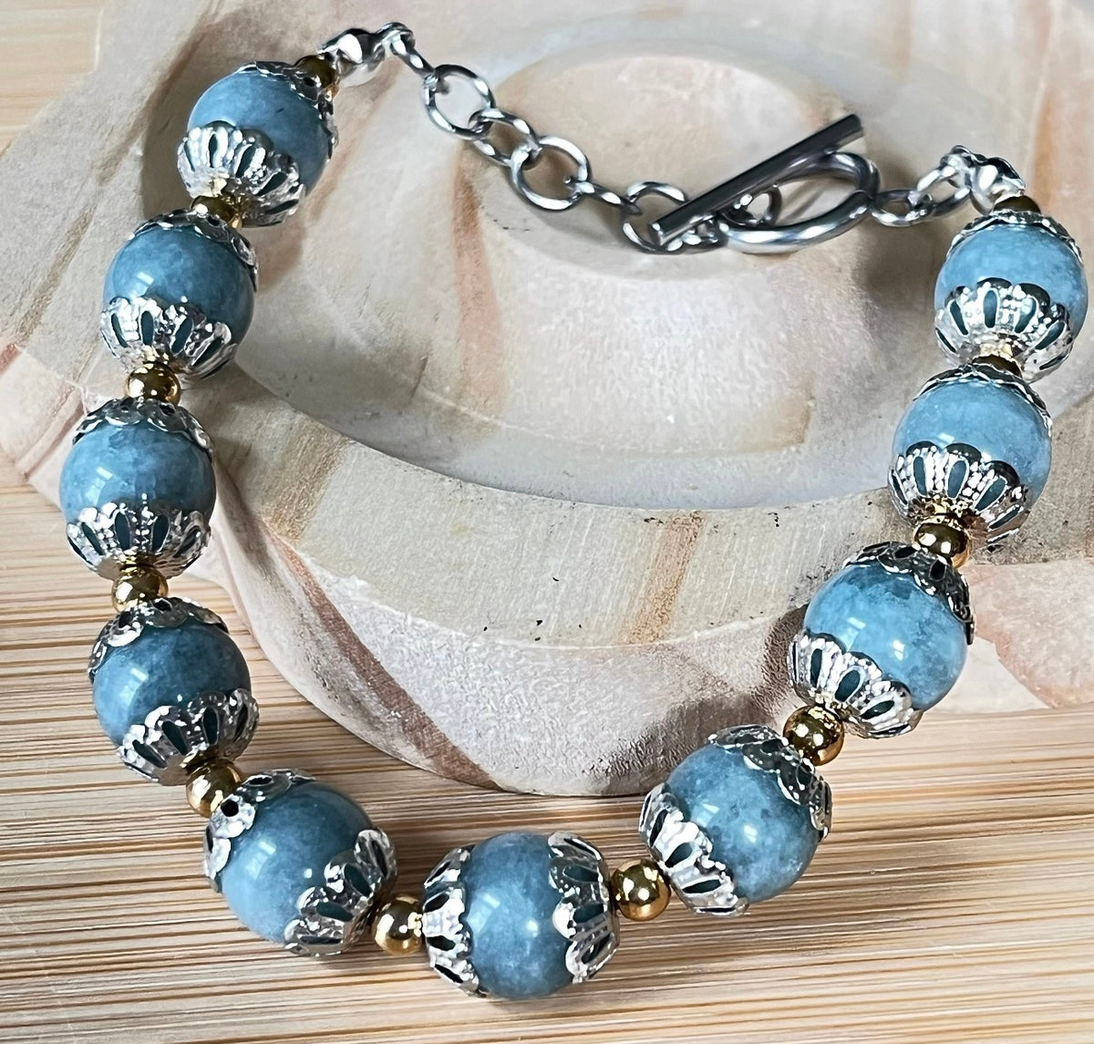 Myanmar Burma jade bracelet. “Year of the Dragon” bracelet with beautiful greenish-blue faux jade and golden or silvery stainless steel!