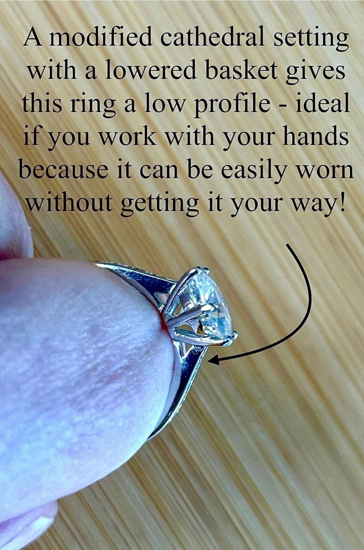 Moissanite ring. A delicious 3ct certified Moissanite solitaire with tapered shoulders and pavé-set white zircons in sterling and 18k gold!
