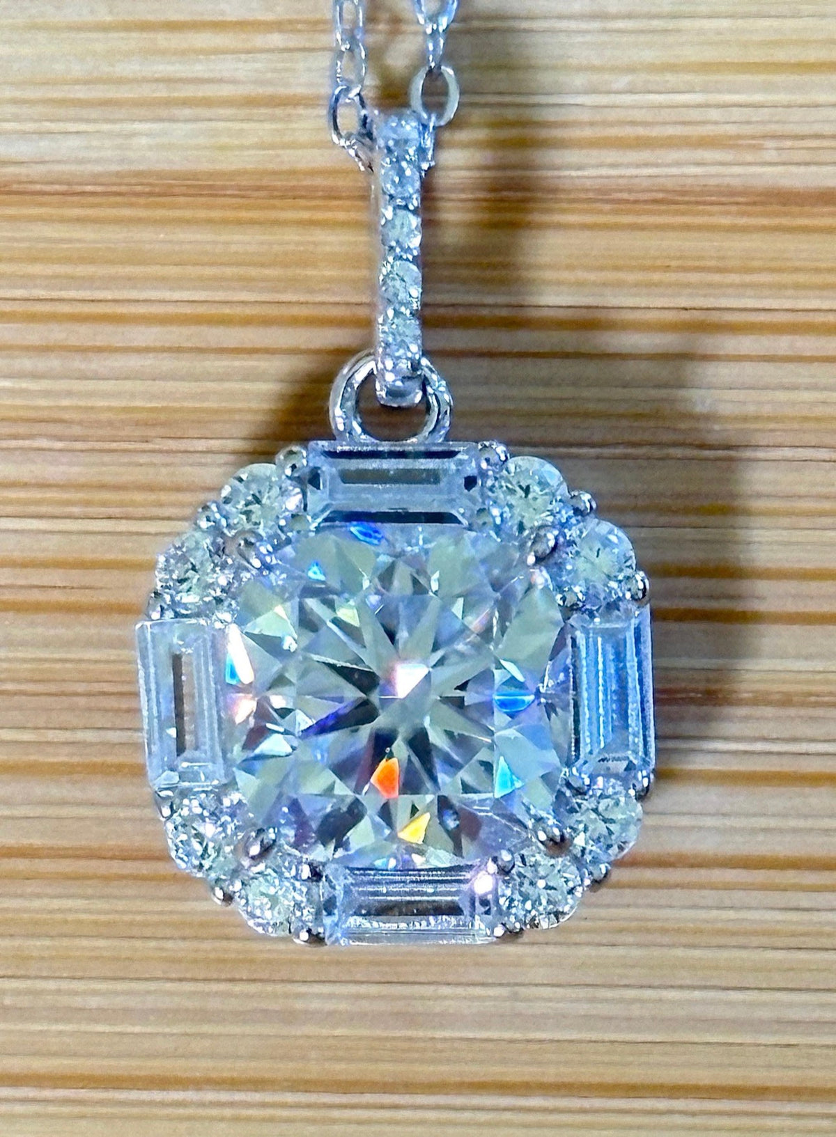 Moissanite necklace. A certified 2.5ct white, deep blue or purple cushion-cut Moissanite in a 1.5ctw multi-cut zircon halo, a 4ctw pendant that’s eye-catching and super flashy!