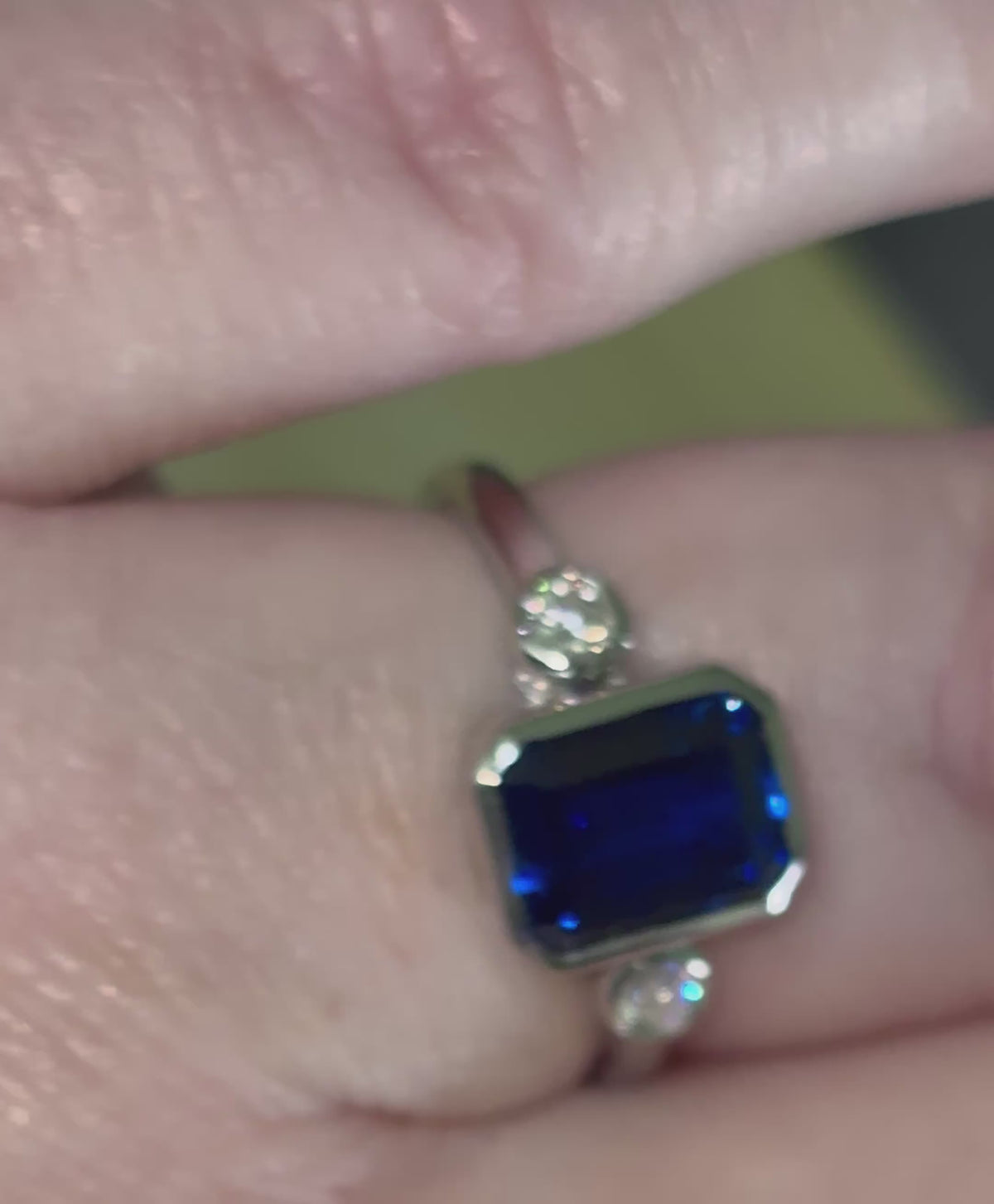Blue sapphire and Moissanite ring. A certified 3ct lab-grown emerald-cut sapphire and .20ctw Moissanite ring in 925 sterling OR 935 Argentium!